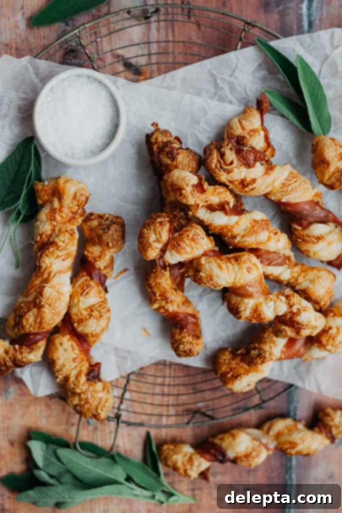 Golden Gruyère, Sage and Prosciutto Puff Pastry Twists 2 overhead shot of puff pastry twists wrapped in prosciutto with sage leaves around the twists