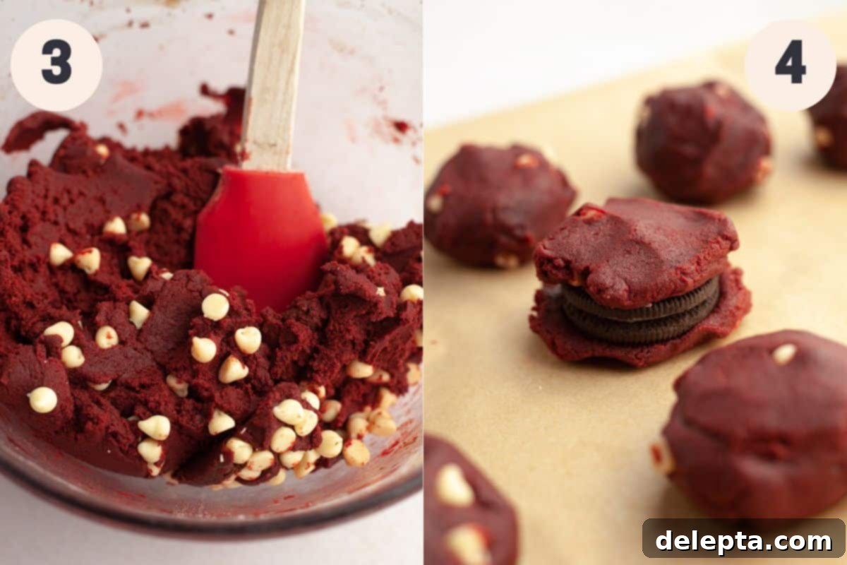 Homemade Red Velvet Oreo Cookies 5 Steps 3 and 4 in the red velvet Oreo cookie baking process.