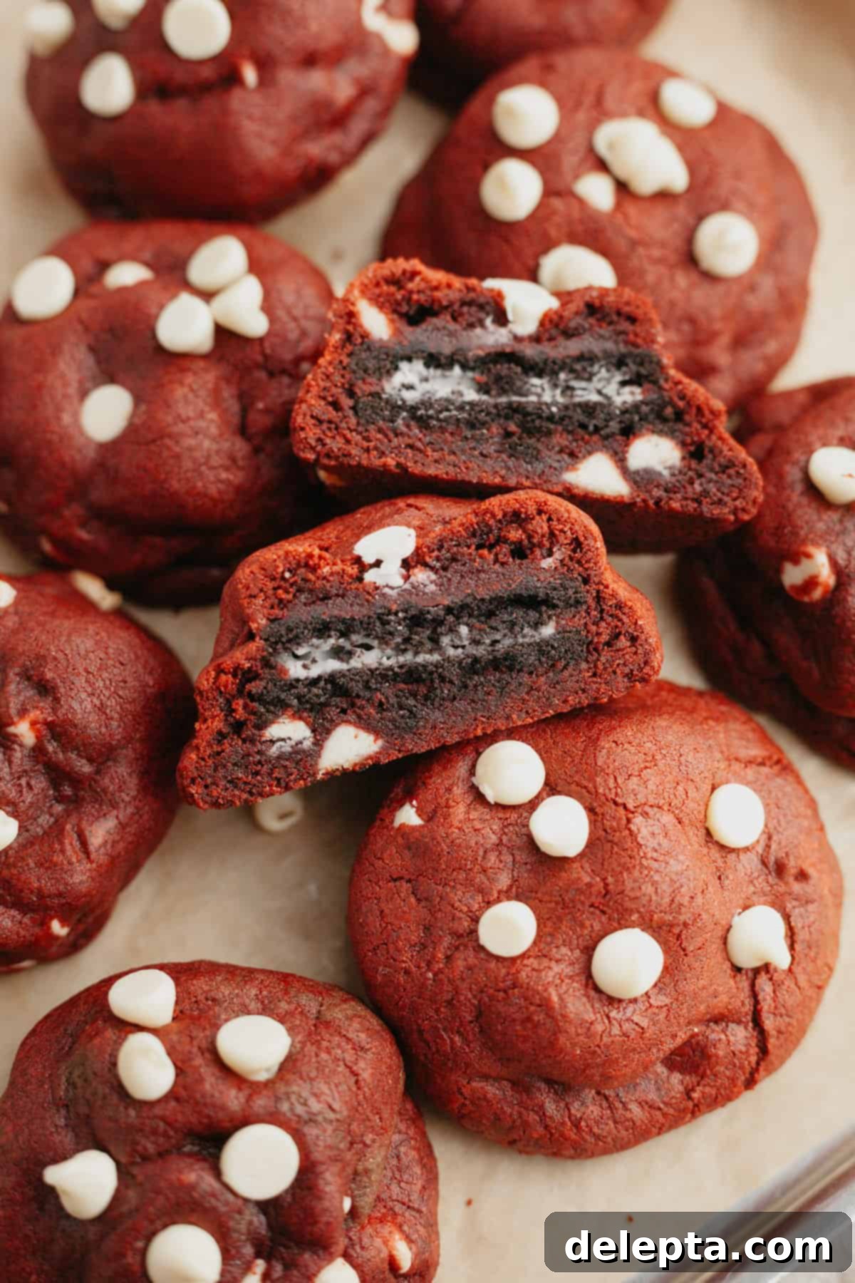 Homemade Red Velvet Oreo Cookies 7 Red velvet Oreo cookies, one has been cut in half to show the stuffed Oreo.