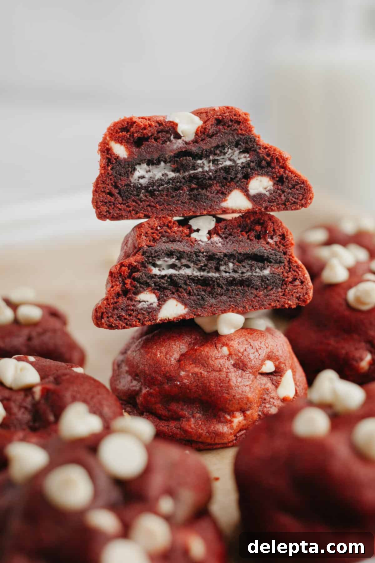 Homemade Red Velvet Oreo Cookies 8 A stack of three red velvet cookies, they are cut in half showing they are stuffed with an Oreo.
