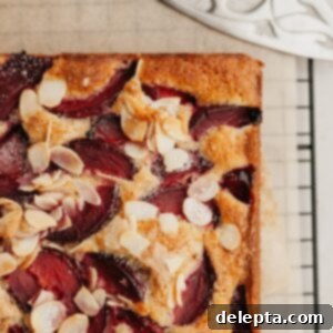 Luscious Plum and Yogurt One Bowl Cake 8 A square plum yogurt cake on parchment paper, fresh from the oven, showing its enticing topping.