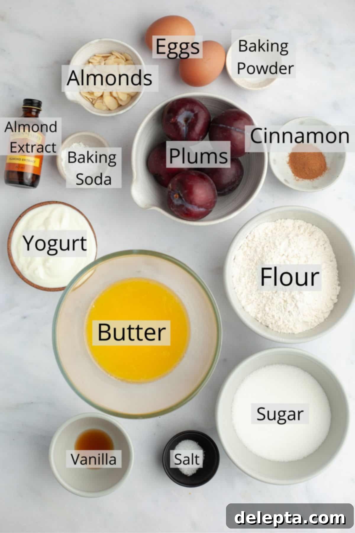 Luscious Plum and Yogurt One Bowl Cake 3 All the essential ingredients meticulously weighed out into small bowls, ready to be combined for the yogurt plum cake.