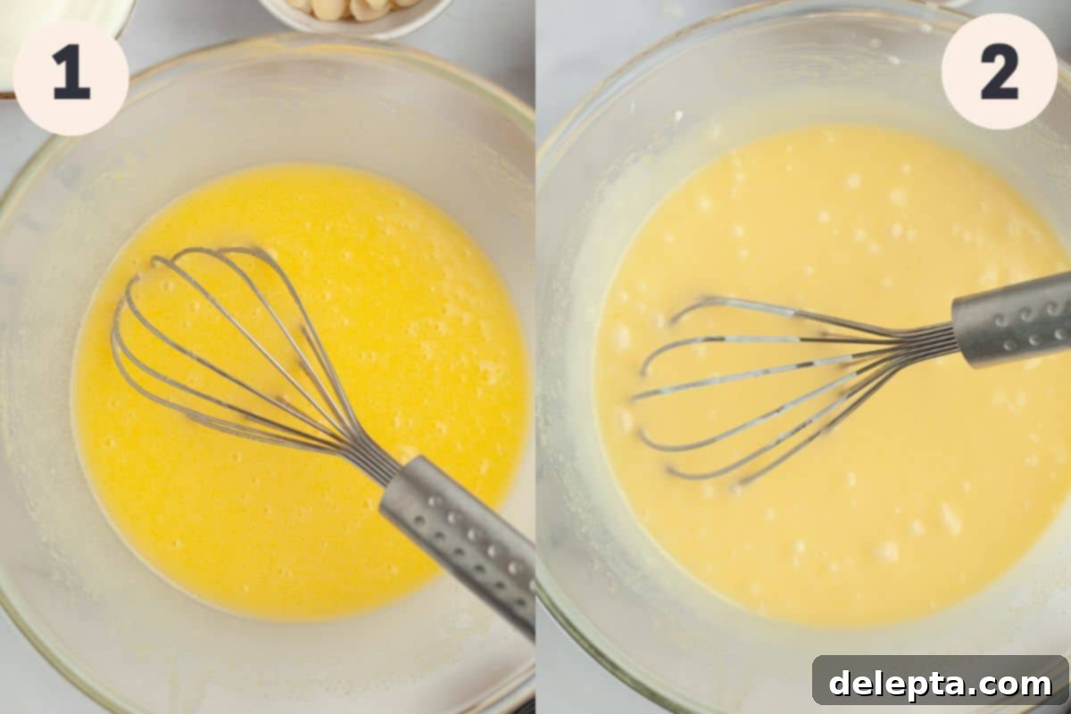 Luscious Plum and Yogurt One Bowl Cake 4 Steps 1 and 2 in the yogurt plum cake baking process: showing melted butter, sugar, and eggs being whisked, followed by the addition of yogurt and extracts.