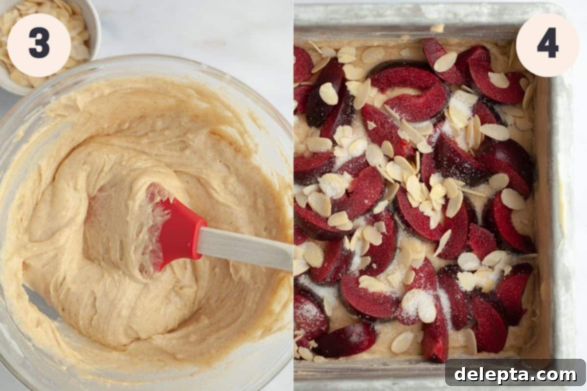 Luscious Plum and Yogurt One Bowl Cake 5 Steps 3 and 4 in the yogurt plum cake baking process: illustrating dry ingredients being folded into the wet batter, followed by plums and almonds topping the cake in the pan.