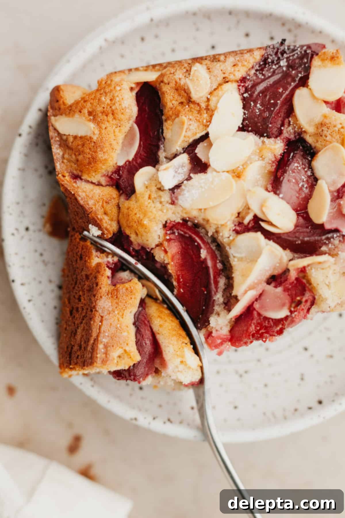 Luscious Plum and Yogurt One Bowl Cake 6 A large, inviting slice of plum yogurt cake, revealing its moist interior and fruit topping, presented on a small plate.