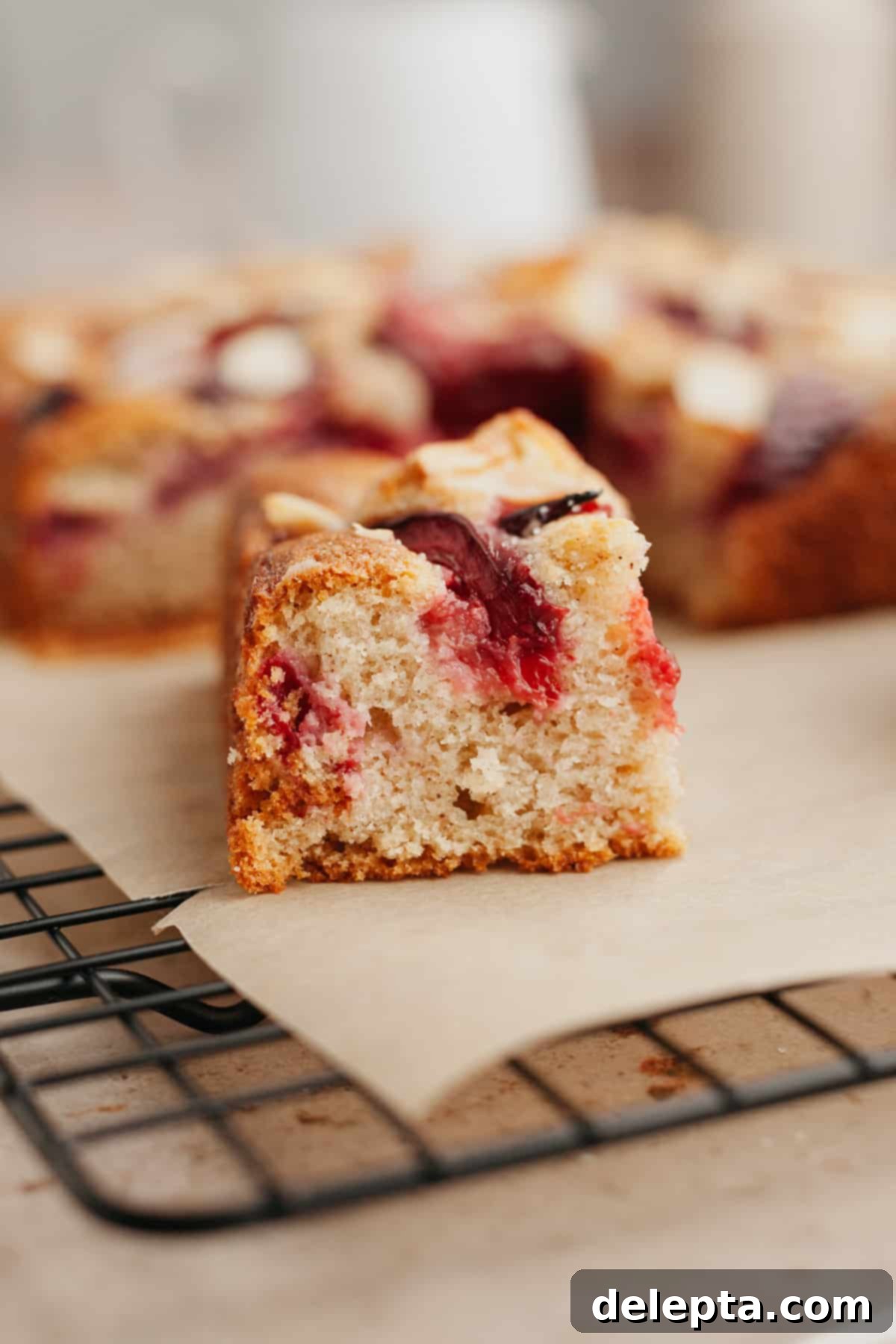 Luscious Plum and Yogurt One Bowl Cake 7 A perfect slice of plum yogurt cake, resting on parchment paper, ready to be enjoyed.