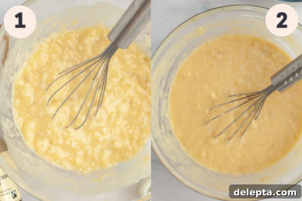 Decadent Banana Chocolate Cake 4 Steps 1 and 2 in the banana cake baking process, showing melted butter and mashed bananas combined, then sugars, eggs, buttermilk, and vanilla added.