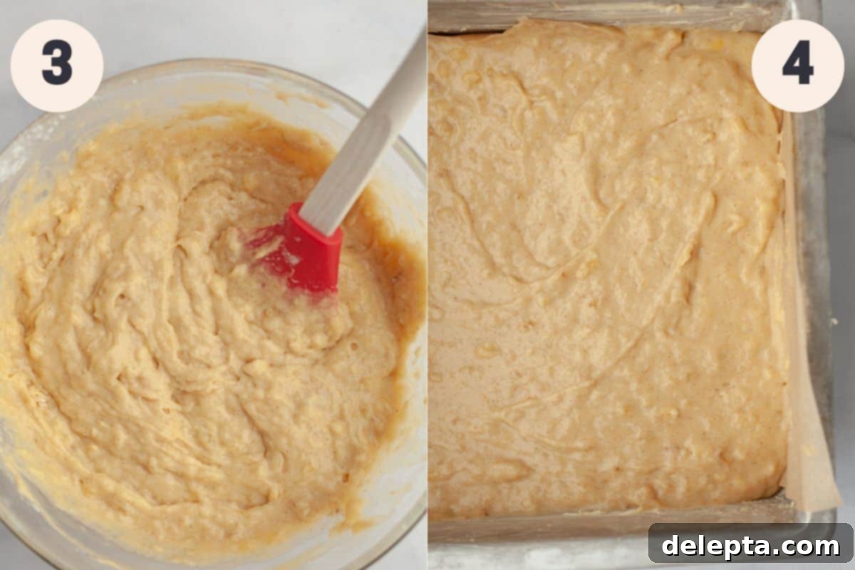 Decadent Banana Chocolate Cake 5 Steps 3 and 4 in the banana cake baking process, illustrating dry ingredients being folded into the wet mixture, and the batter poured into a baking pan.