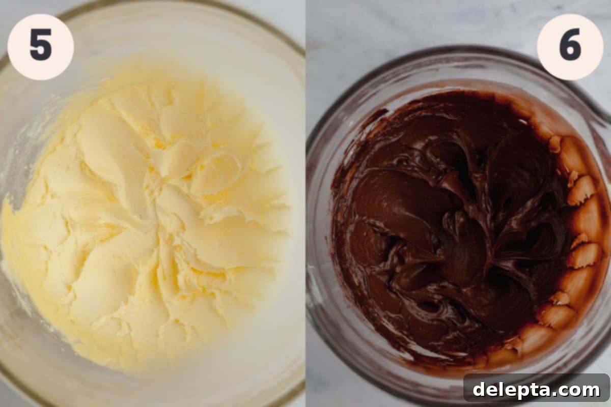 Decadent Banana Chocolate Cake 6 Steps 5 and 6 in the banana cake baking process, detailing the preparation of the rich chocolate frosting using a stand mixer.