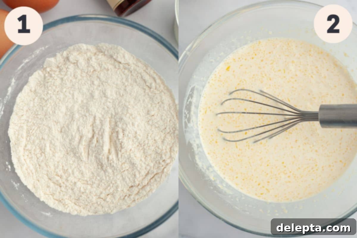 Decadent Sweet Cream Pancakes 4 Steps 1 and 2 in the sweet cream pancake making process, showing dry ingredients being whisked in one bowl and wet ingredients in another.