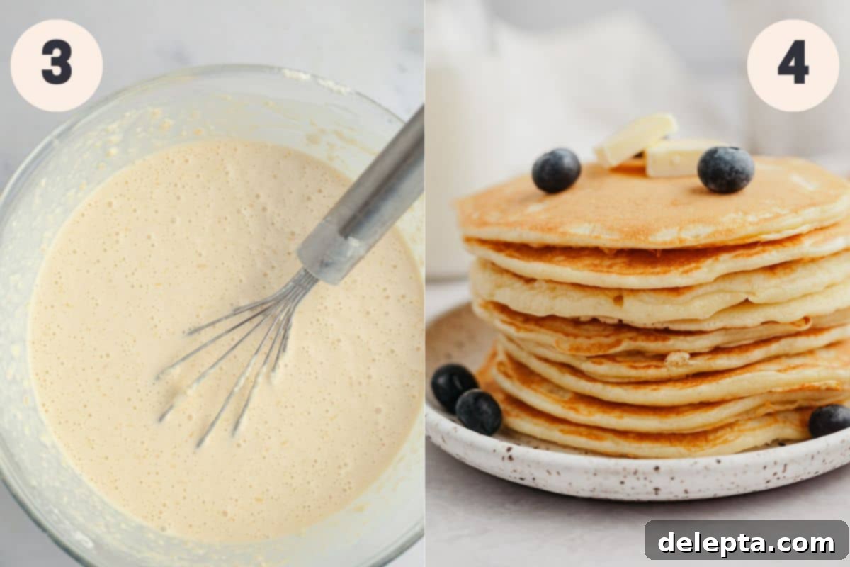 Decadent Sweet Cream Pancakes 5 Steps 3 and 4 in the sweet cream pancake making process: pouring wet ingredients into dry and cooking the batter on a hot skillet.