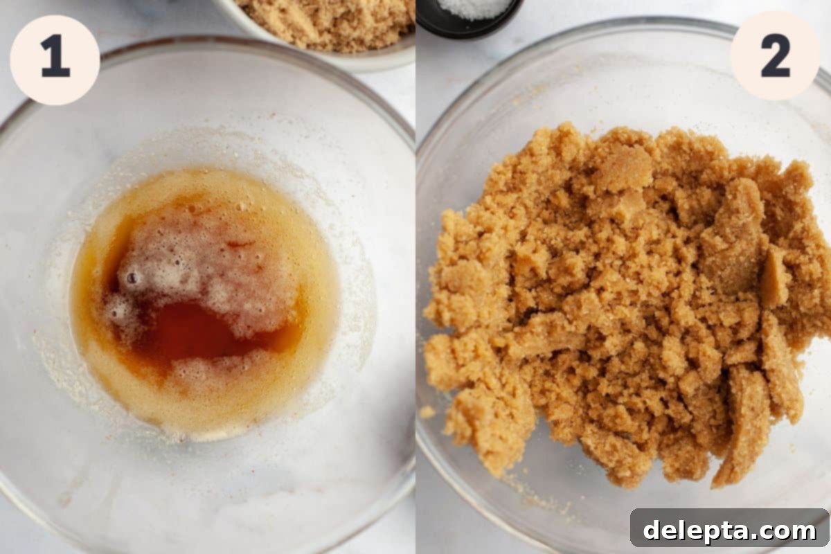 Caramelized Brown Butter Blondies Simple Perfection 4 Two images showing the initial steps of the brown butter blondie process: melting butter and mixing it with sugars.