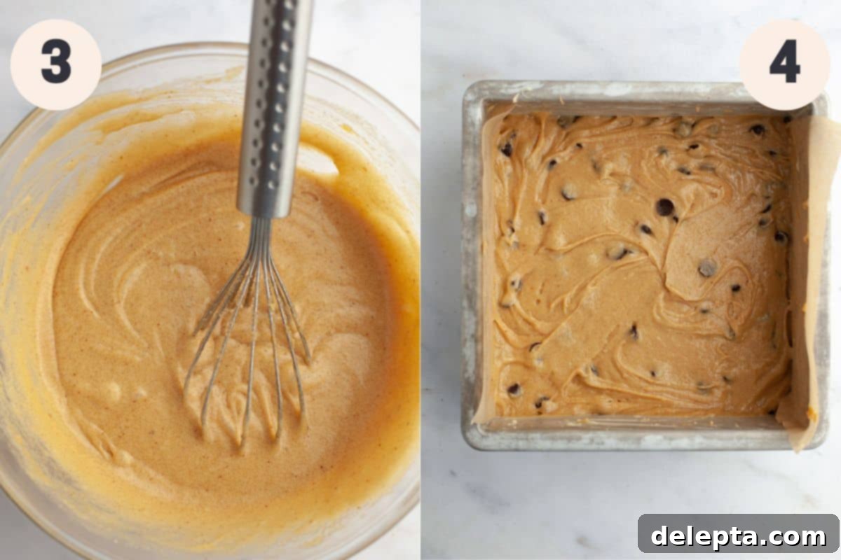 Caramelized Brown Butter Blondies Simple Perfection 5 Two images displaying the middle stages of blondie baking: adding eggs and folding in flour with chocolate chips.