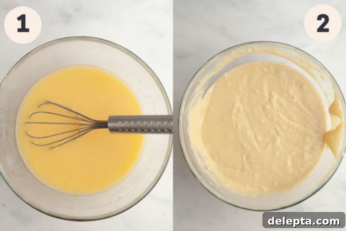 Bakery Style Moist Vanilla Muffins 4 Muffin batter in a clear glass bowl being whisked, showcasing the wet ingredients mixed.