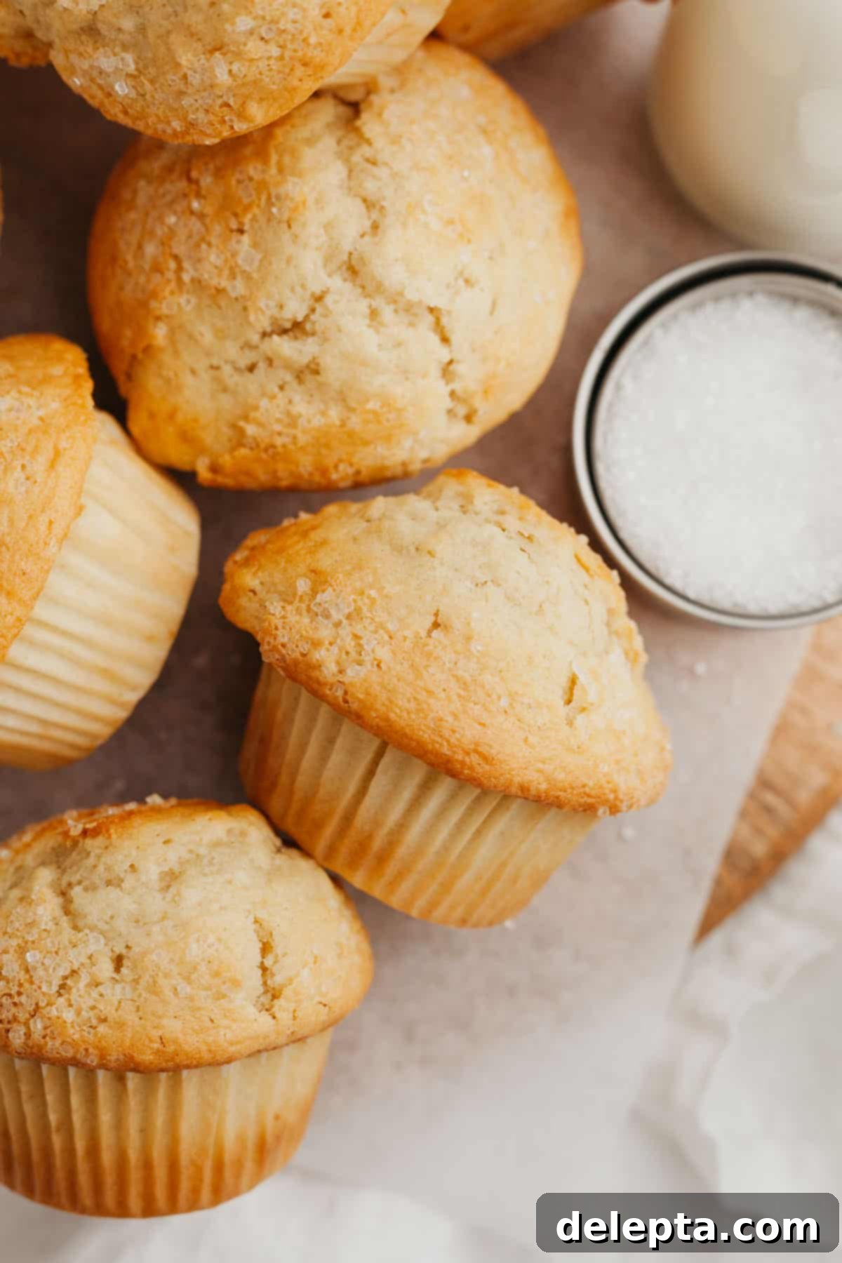 Bakery Style Moist Vanilla Muffins 6 A selection of freshly baked vanilla muffins neatly arranged on parchment paper.