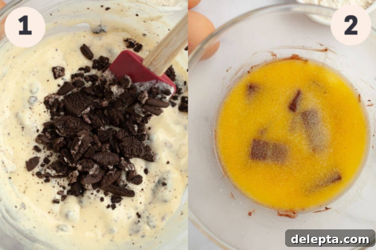 Oreo Cheesecake Swirl Brownies 4 Initial steps in the Oreo cheesecake brownies baking process, showing ingredients being combined for the filling.