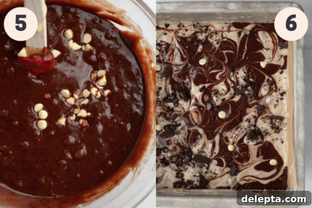 Oreo Cheesecake Swirl Brownies 6 Final steps of assembling and swirling Oreo cheesecake brownies before baking, ready for the oven.