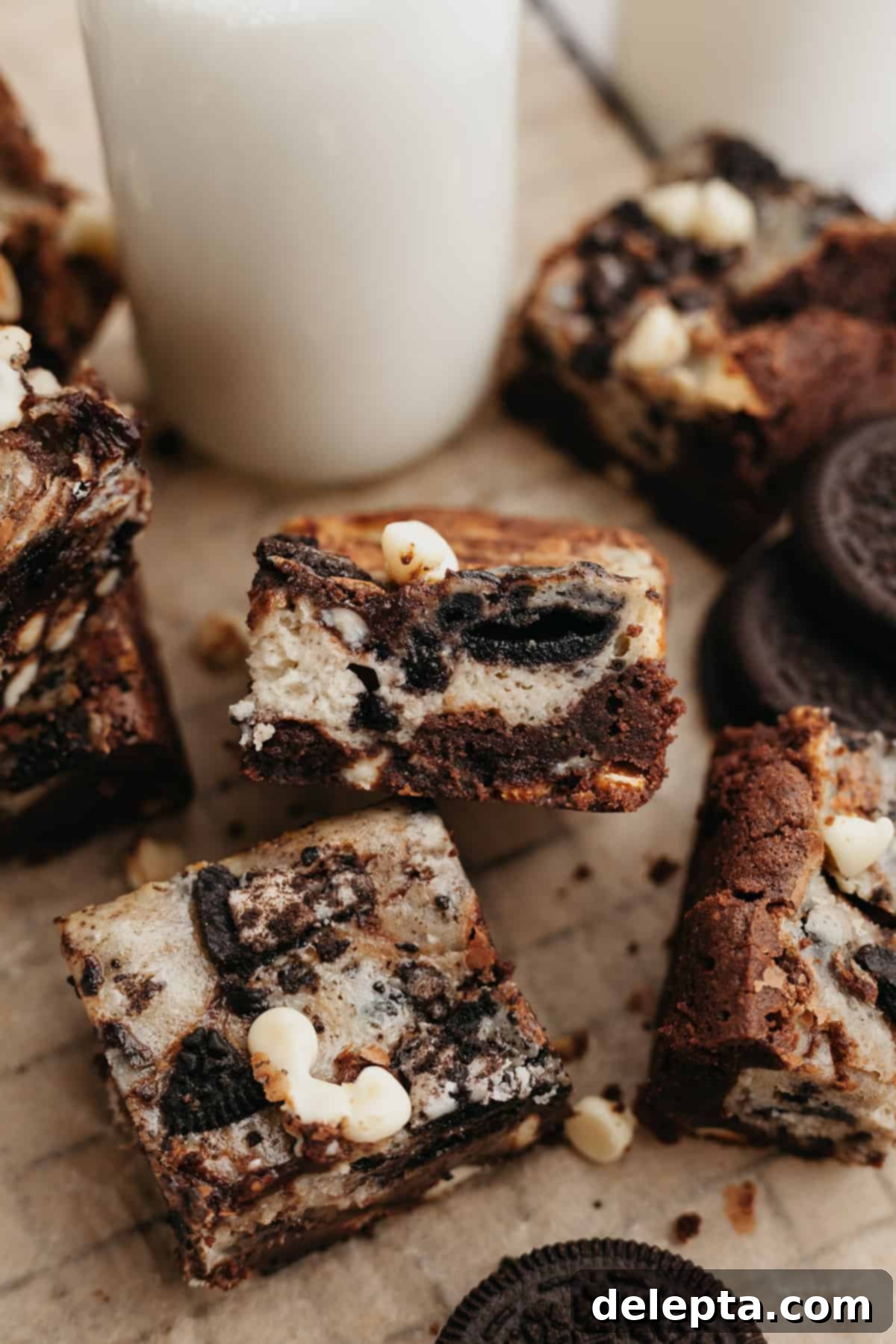 Oreo Cheesecake Swirl Brownies 7 Close-up of Oreo cream cheese brownies cooling on parchment paper, ready for slicing, showing the perfect swirl.