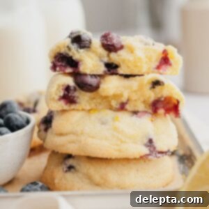 Pillowy Lemon Blueberry Delights 9 A stack of lemon blueberry cookies cut in half, revealing the soft, chewy interior and vibrant blueberries.