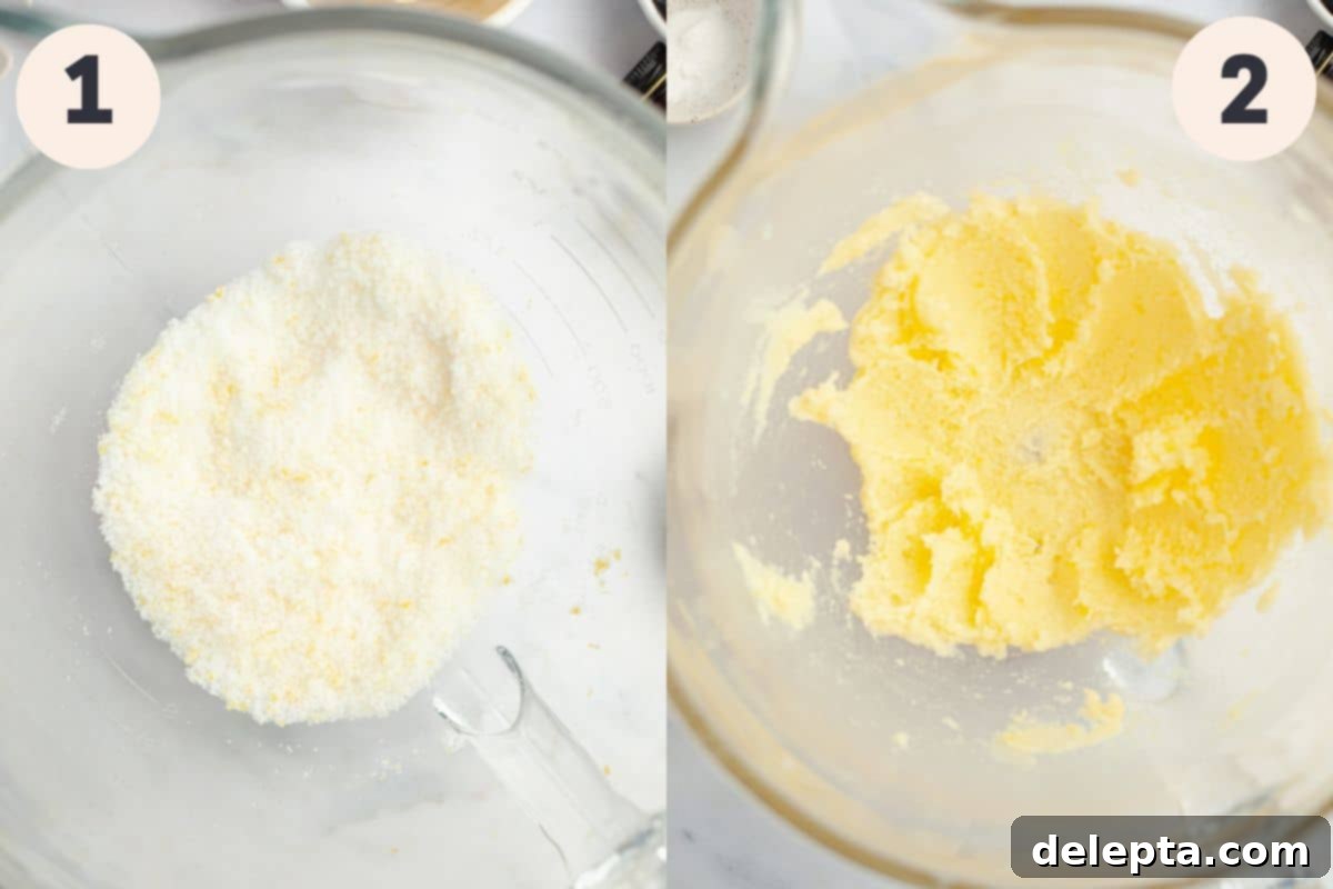 Pillowy Lemon Blueberry Delights 4 Steps 1 and 2 in the lemon blueberry baking process: zesting lemon into sugar and creaming butter.