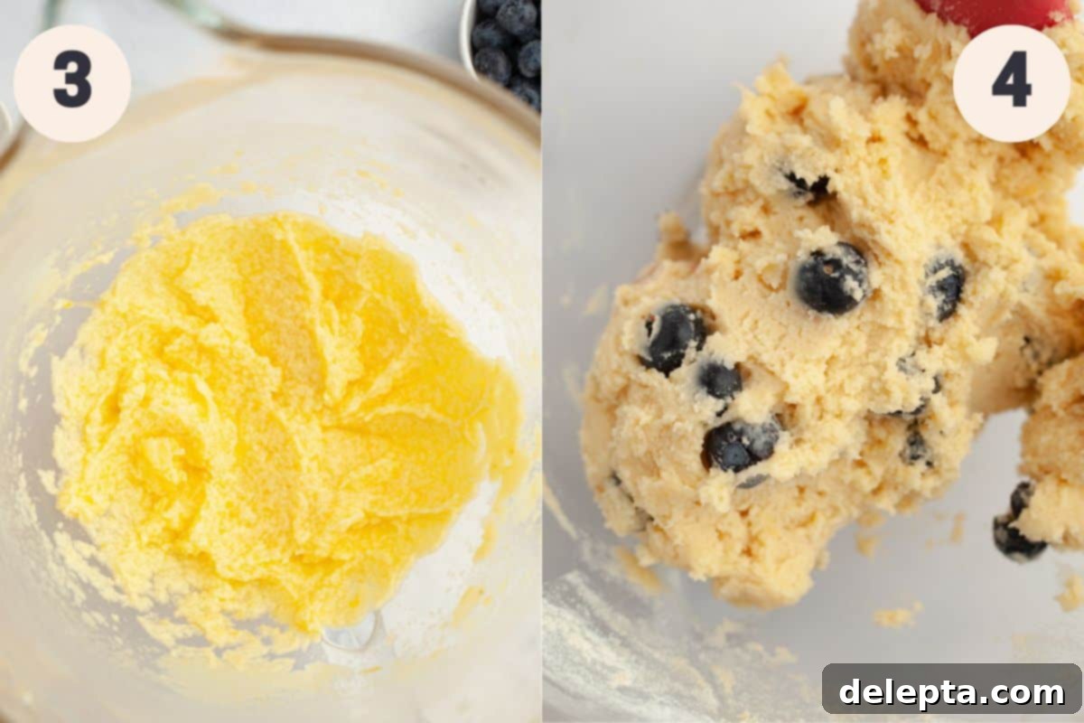 Pillowy Lemon Blueberry Delights 5 Steps 3 and 4 in the lemon blueberry baking process: adding wet ingredients and dry ingredients.