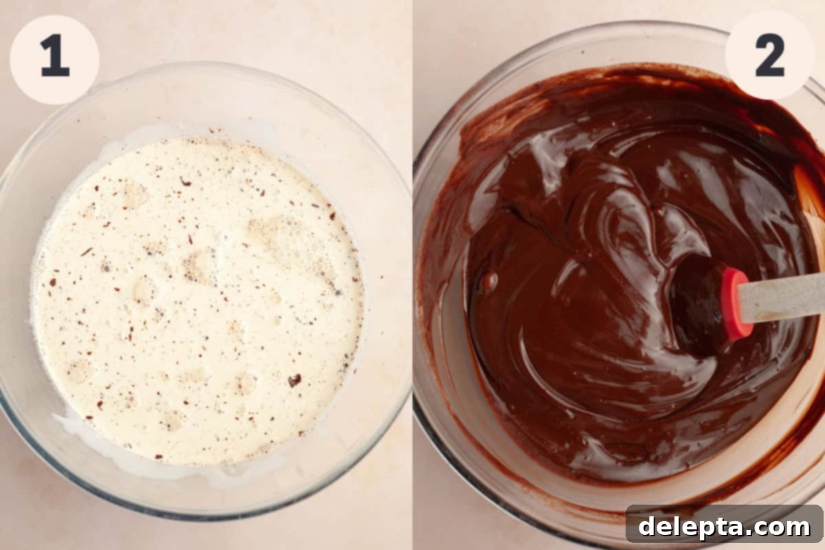 Decadent Chocolate Fudge Cupcakes 5 Heavy cream and chopped chocolate in a bowl and chocolate ganache in another bowl.