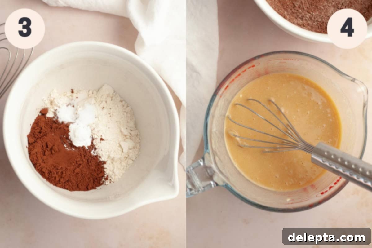 Decadent Chocolate Fudge Cupcakes 6 A bowl with flour and cocoa powder in it and a large glass jug with a light brown mixture in it.