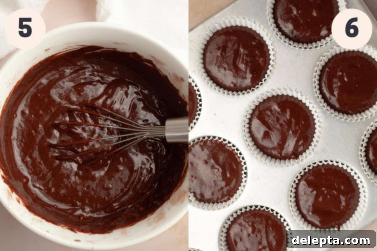 Decadent Chocolate Fudge Cupcakes 7 Chocolate cupcake batter in a bowl and unbaked chocolate cupcakes.