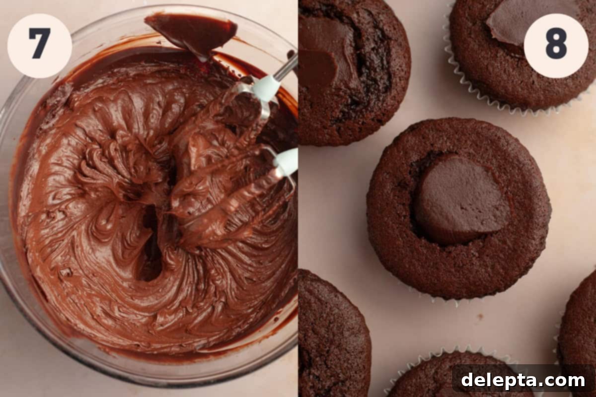 Decadent Chocolate Fudge Cupcakes 8 Chocolate frosting in a bowl and chocolate cupcakes filled with chocolate.