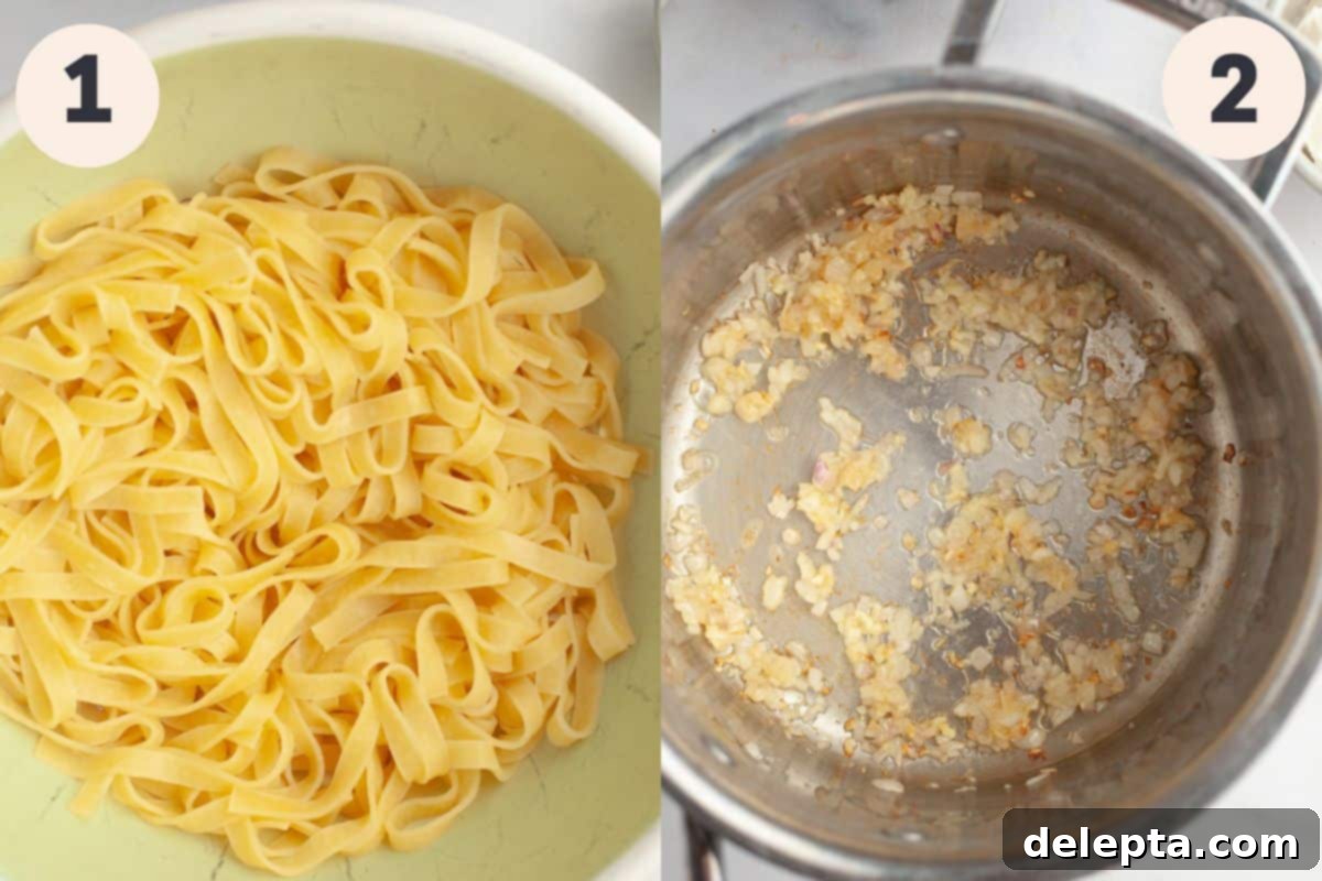 Creamy Salmon Pasta with Crème Fraîche 4 Steps 1 and 2 in the salmon pasta with creme fraiche cooking process.
