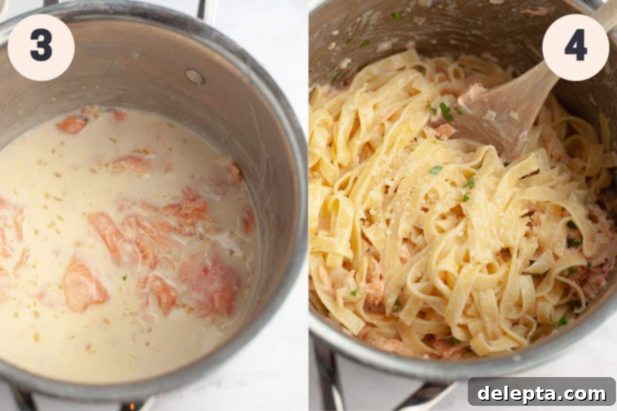 Creamy Salmon Pasta with Crème Fraîche 5 Steps 3 and 4 in the salmon pasta with creme fraiche cooking process.