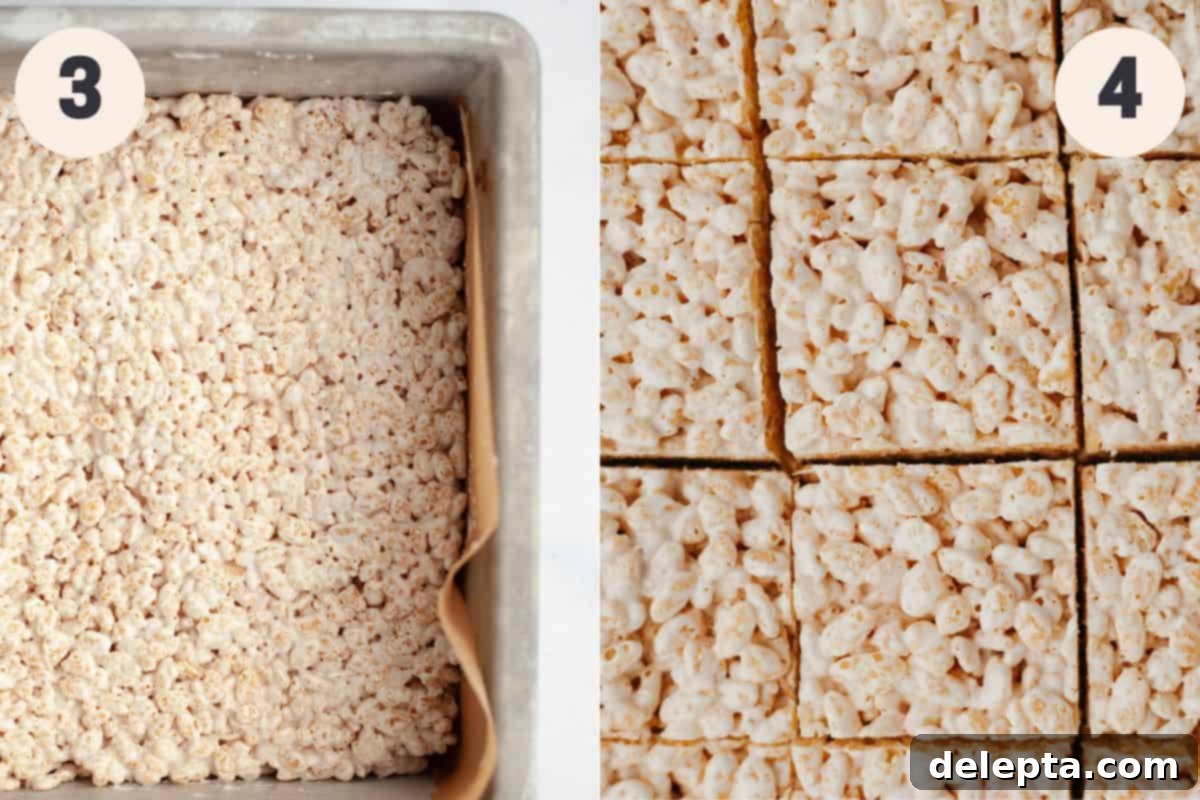 Fluffy Marshmallow Krispie Bars 5 Steps 3 and 4 in the rice krispie treats with marshmallow fluff baking process, showing cereal being mixed and pressed into the pan.