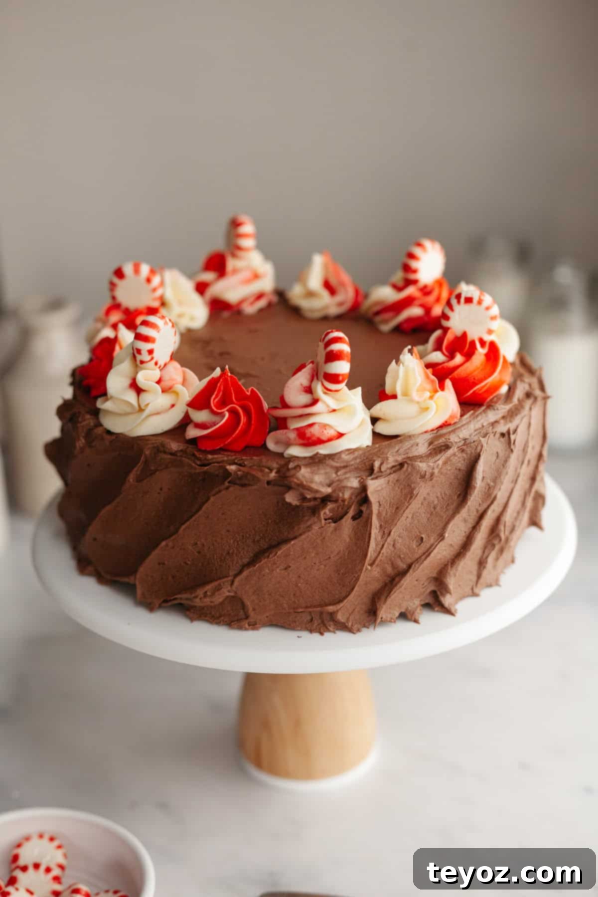 A fully frosted chocolate peppermint mocha cake with a beautiful candy cane swirled frosting on top, elegantly presented on a white cake stand against a light background.