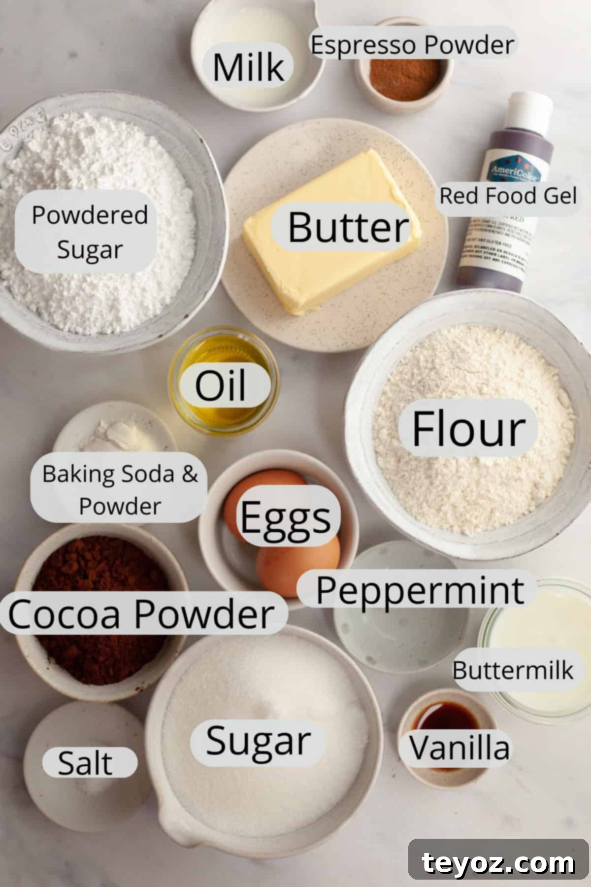All the essential ingredients for making peppermint mocha cake, meticulously weighed out and arranged in small bowls on a kitchen counter, ready for preparation.