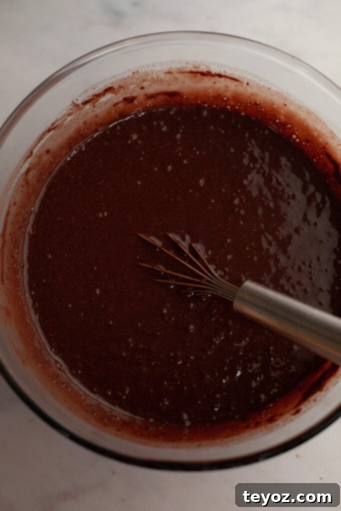 Dark, rich chocolate cake batter in a glass bowl with a whisk, showing the velvety mixture after wet and dry ingredients are expertly combined.