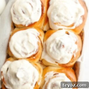 A close up of six cinnamon rolls covered with cream cheese icing, glistening and ready to eat.