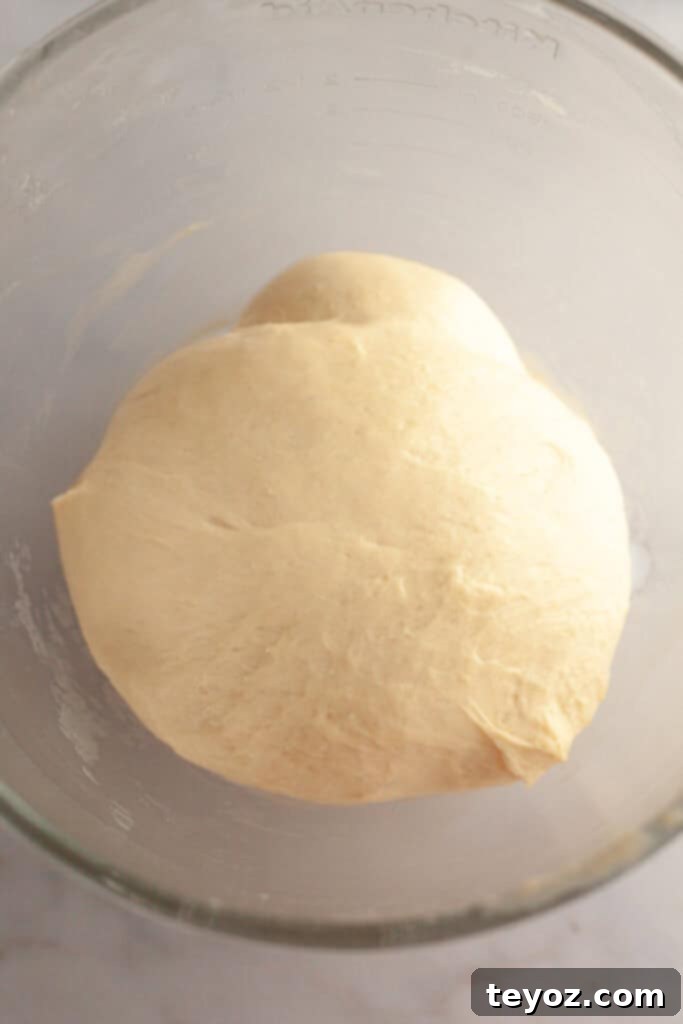 Smooth, elastic cinnamon roll dough in a glass bowl after kneading and before its first rise.