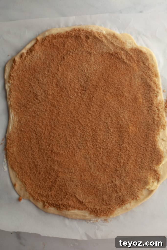 A large rectangular piece of dough covered in cinnamon sugar, ready for slicing.