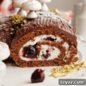 A black forest yule log sliced on a white platter, inviting you to indulge in its deliciousness.