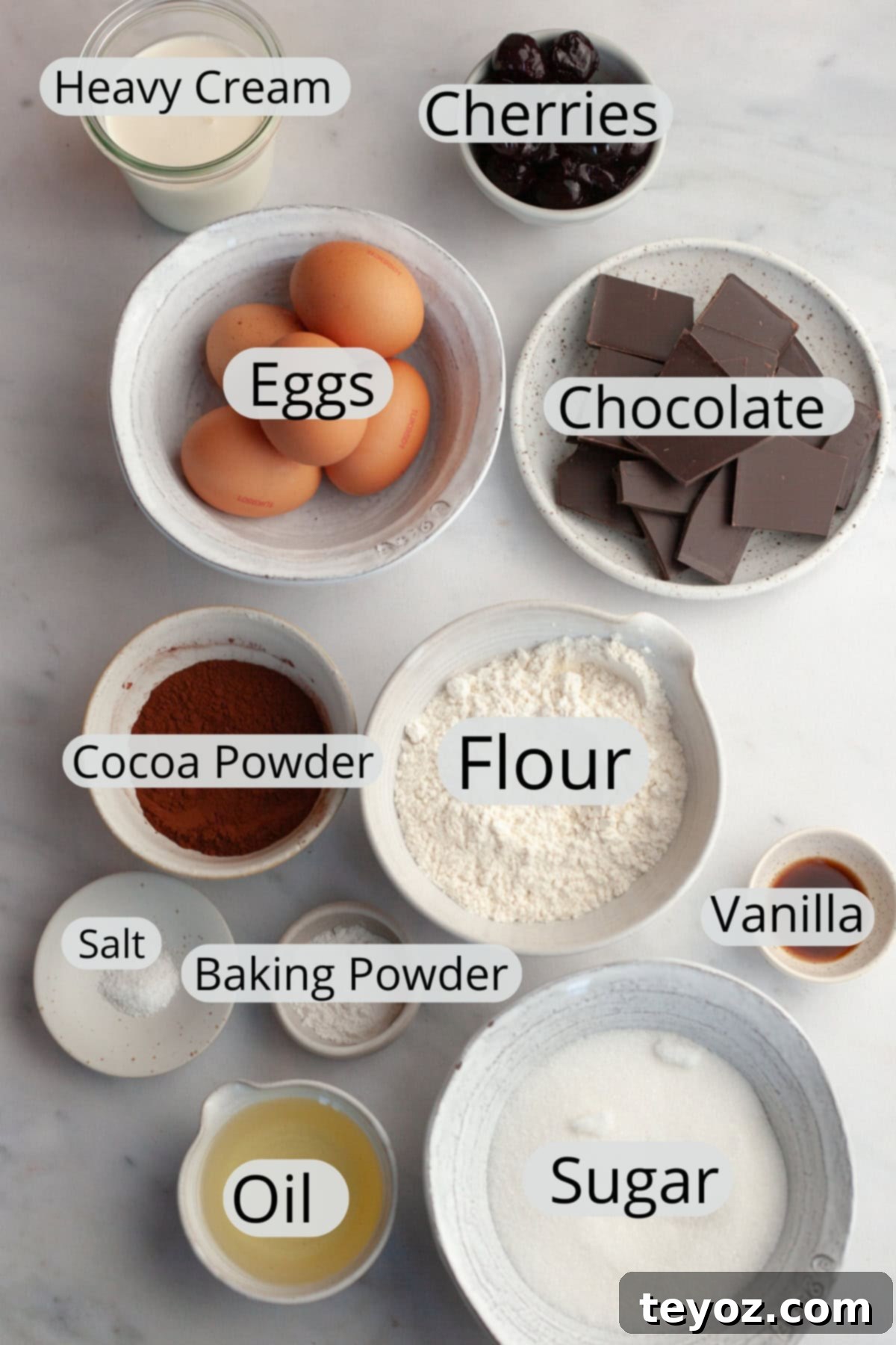 Aşağıdaki başlığı İngilizce'ye çevir ve özgünleştir: Black Forest Yule Log (Bûche de Nöel) Dark Chocolate Cherry Yule Log 3 All the ingredients needed to make a black forest yule log, weighed out into small bowls, showcasing the freshness and quality of the components.