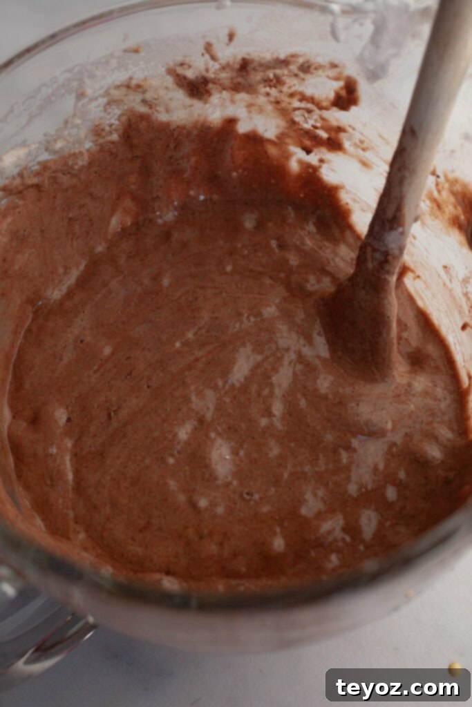 Aşağıdaki başlığı İngilizce'ye çevir ve özgünleştir: Black Forest Yule Log (Bûche de Nöel) Dark Chocolate Cherry Yule Log 6 A glass mixing bowl with chocolate cake batter, showing the perfect consistency for a light and airy sponge.