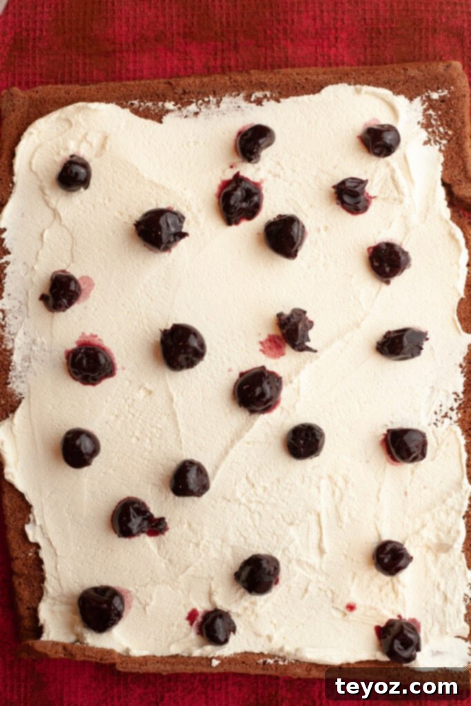 Aşağıdaki başlığı İngilizce'ye çevir ve özgünleştir: Black Forest Yule Log (Bûche de Nöel) Dark Chocolate Cherry Yule Log 10 A rectangular chocolate cake covered in whipped cream and cherries, ready to be rolled into a log.