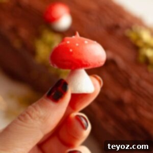 A hand holding a small meringue mushroom with a red cap and white stalk.