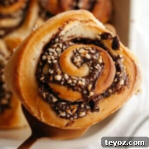 A close-up of a Nutella cinnamon roll with chopped hazelnuts, inviting you to indulge in its sweet and nutty flavors.