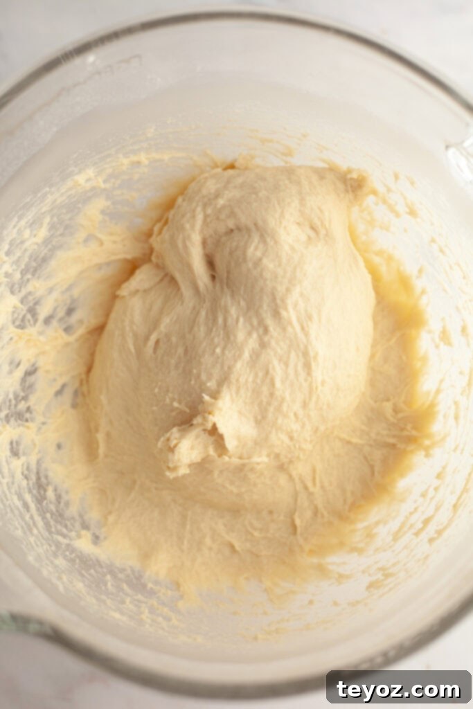 Cinnamon roll dough resting in a glass bowl, showcasing the rise and development of the dough's texture.