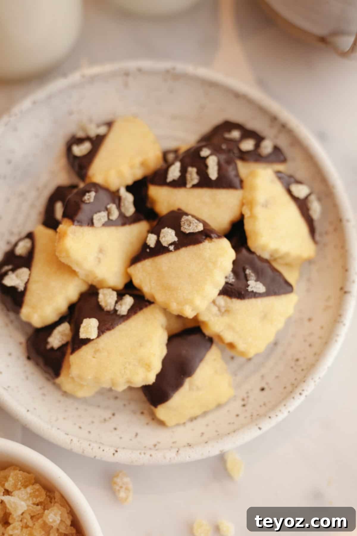 Double the Zing: Ginger Snap Delights 11 A beautifully arranged plate full of small, delectable ginger shortbread cookies, each meticulously half-dipped in rich, dark chocolate, offering a tempting display of textures and flavors.