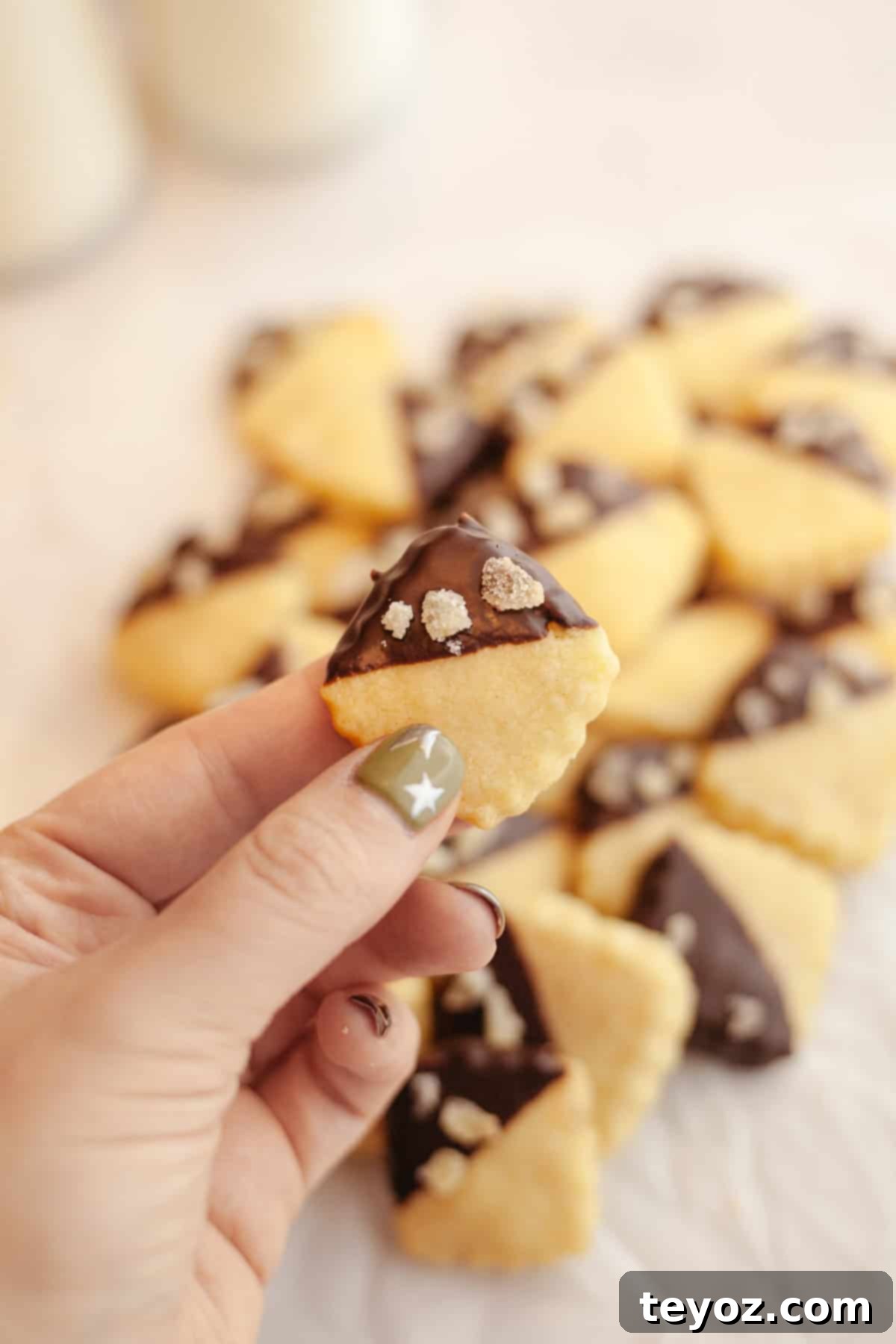 Double the Zing: Ginger Snap Delights 10 A hand delicately holding a small square ginger shortbread cookie, half-dipped in rich, dark chocolate and sprinkled with crystalized ginger, showcasing the texture and flavors of the treat.