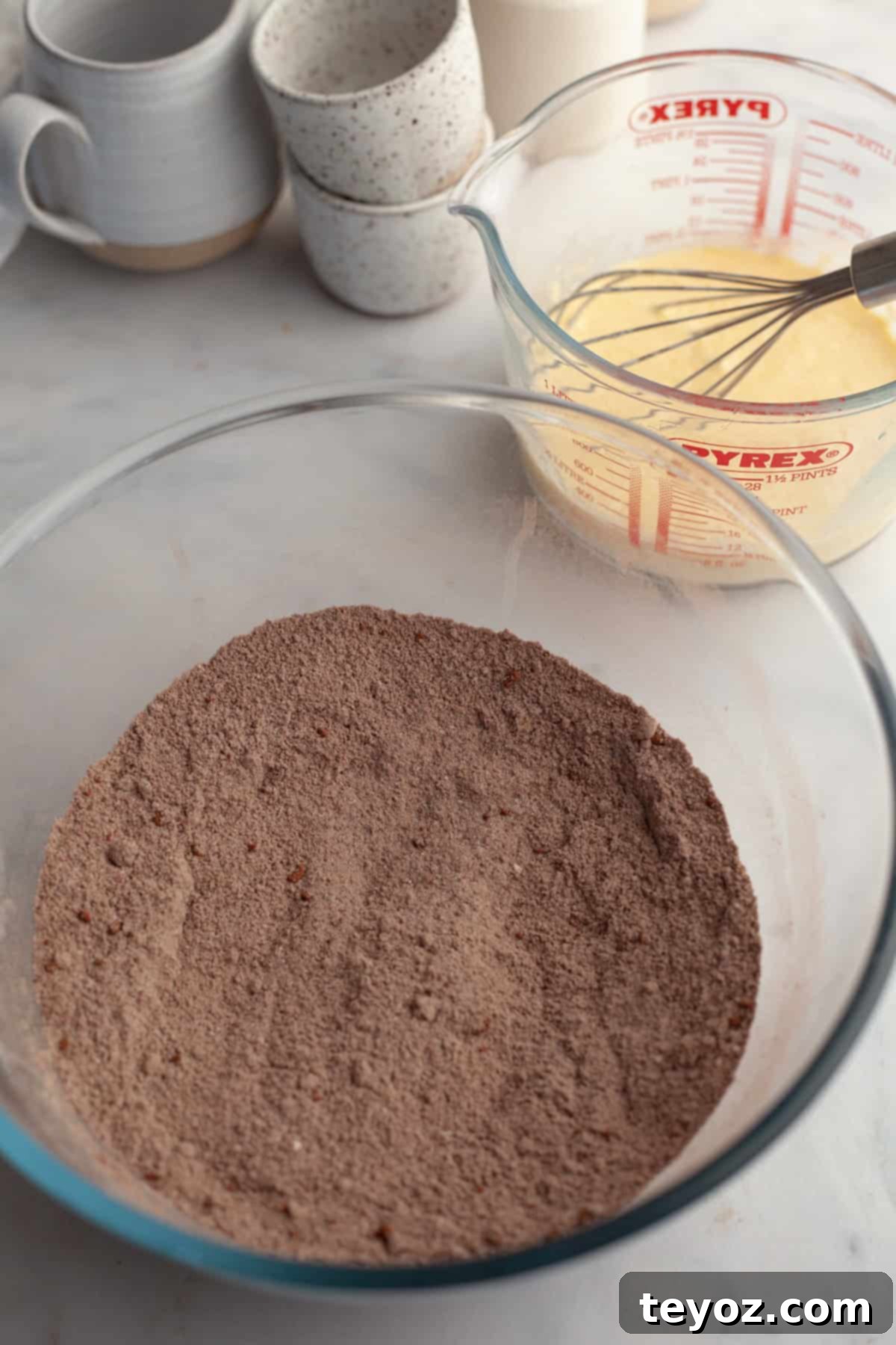 Flour and cocoa powder in a bowl
